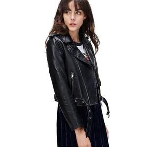 LY VAREY LIN (L) Black Faux Leather Motorcycle Jacket PU Slim Short Biker Jacket